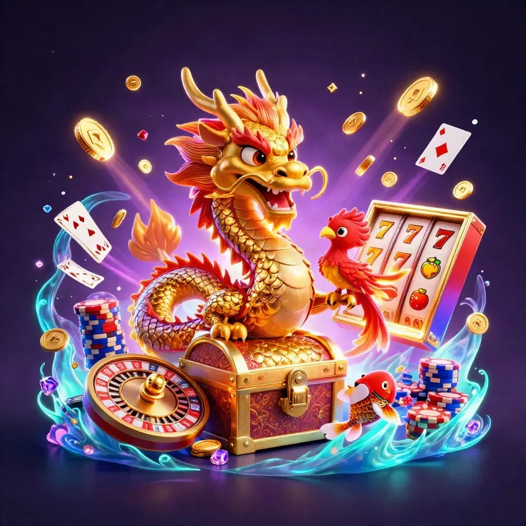 Golden dragon, phoenix, koi and casino treasures explode in neon-lit fantasy art.