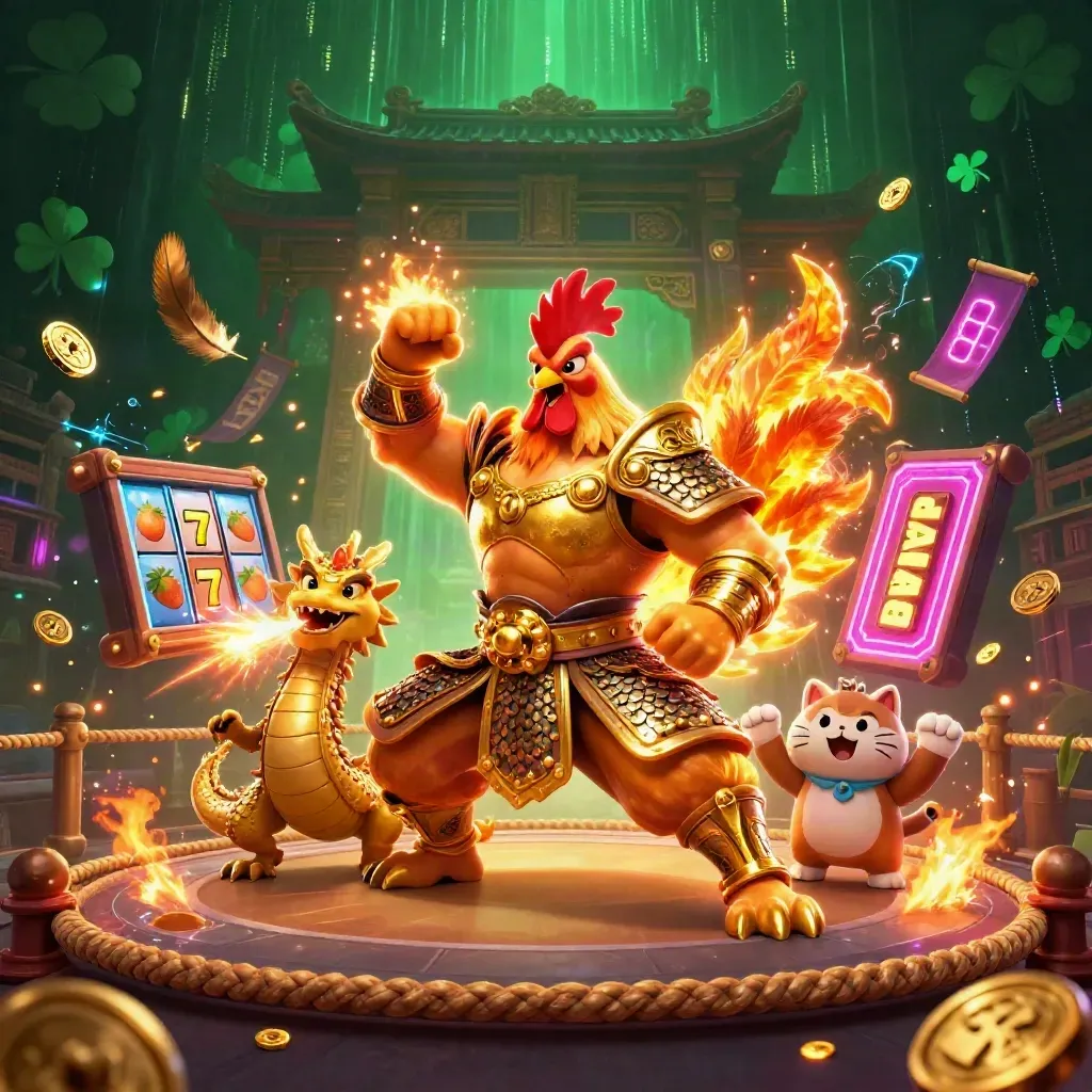 Rooster warrior, dragon hatchling, and fortune cat amid neon slot chaos in a dark temple arena.