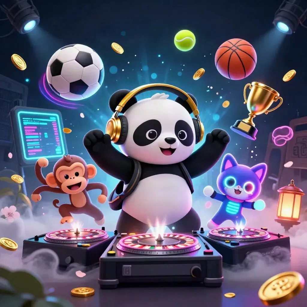 DJ panda, monkey, and glow-stick kitten amid flying sports balls and casino glow.