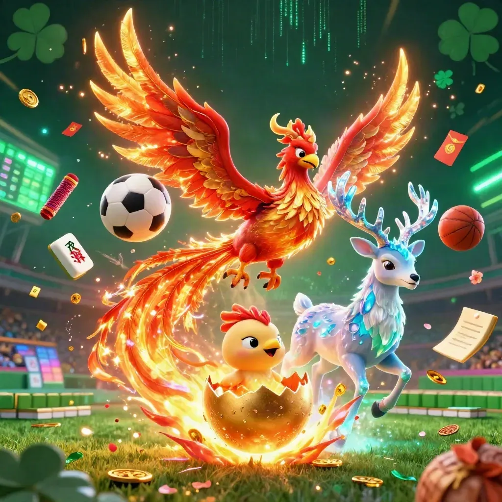 Phoenix, stag, and baby phoenix amid balls, coins, lanterns, and neon casino glow