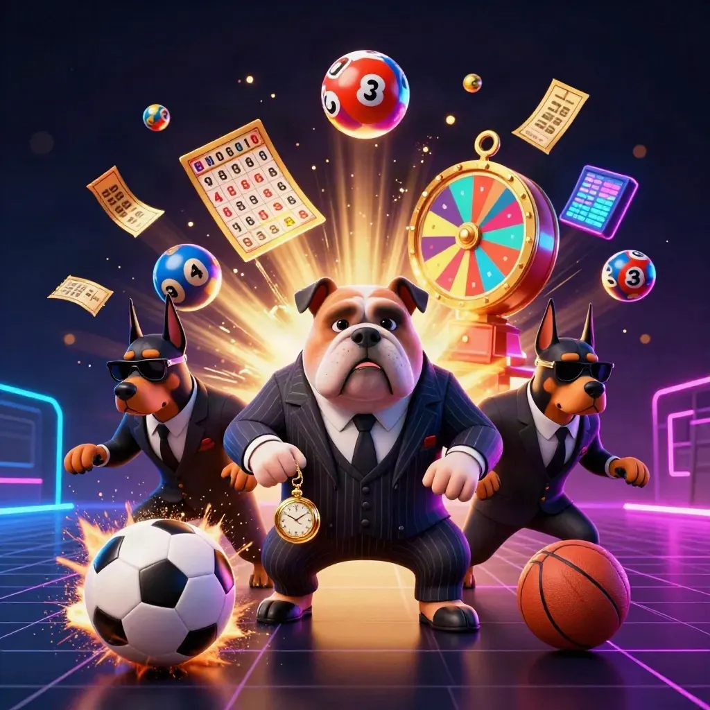 Neon bulldog boss and Dobermans burst through casino sports debris with balls and a prize wheel.