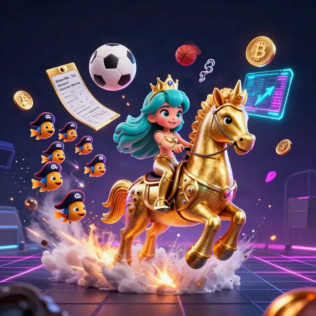 Mermaid princess on armored seahorse amid neon coins, sports balls, and electric casino effects.