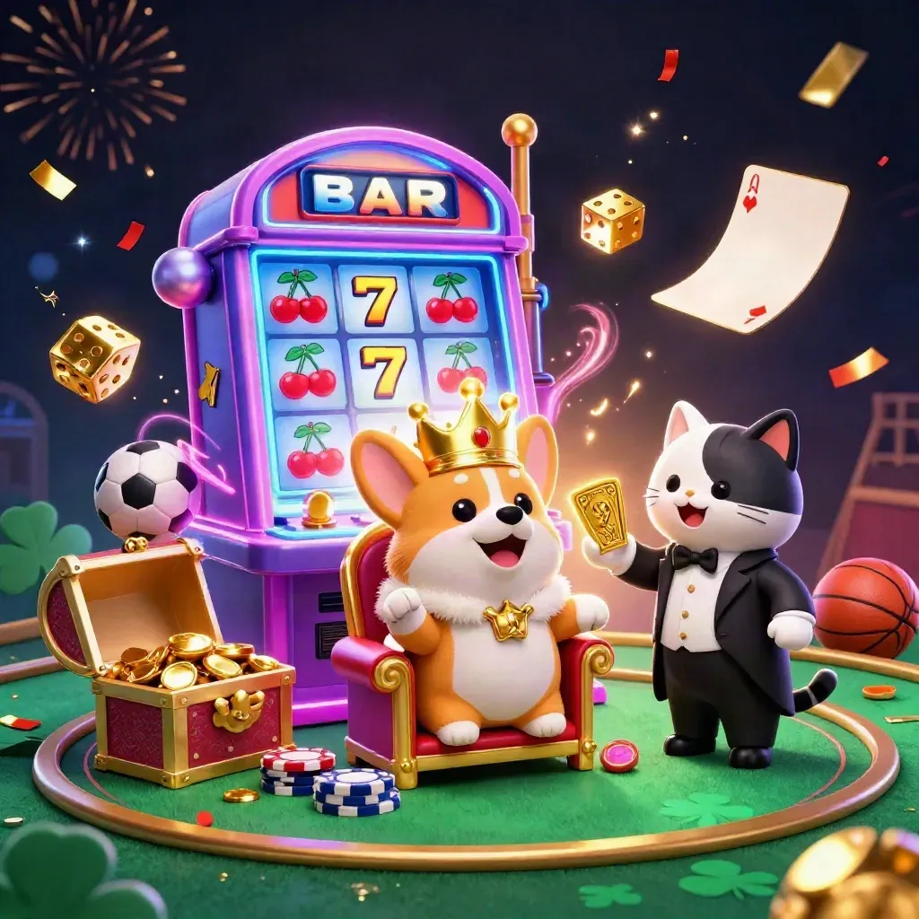 Royal corgi and cat butler amid casino jackpots, balls, chips, and neon spark bursts.
