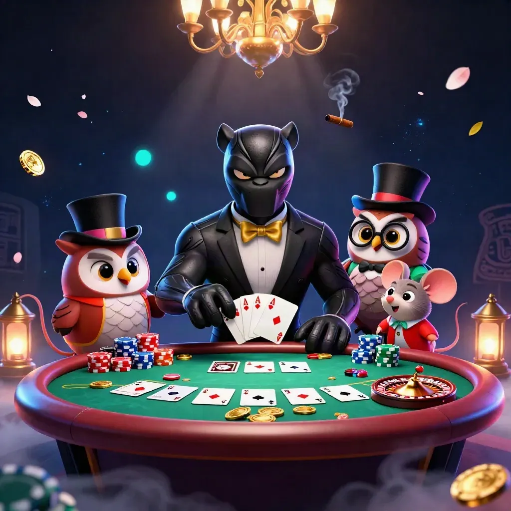 Black panther, owl, and mouse at a glowing casino table amid chips, aces, and neon fog.