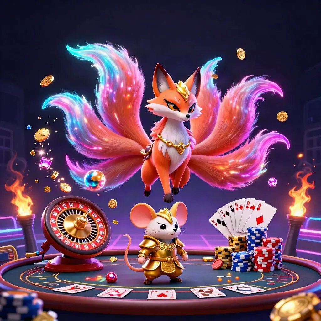 Nine-tailed fox spirit and armored mouse amid casino magic, coins, gems, roulette and cards