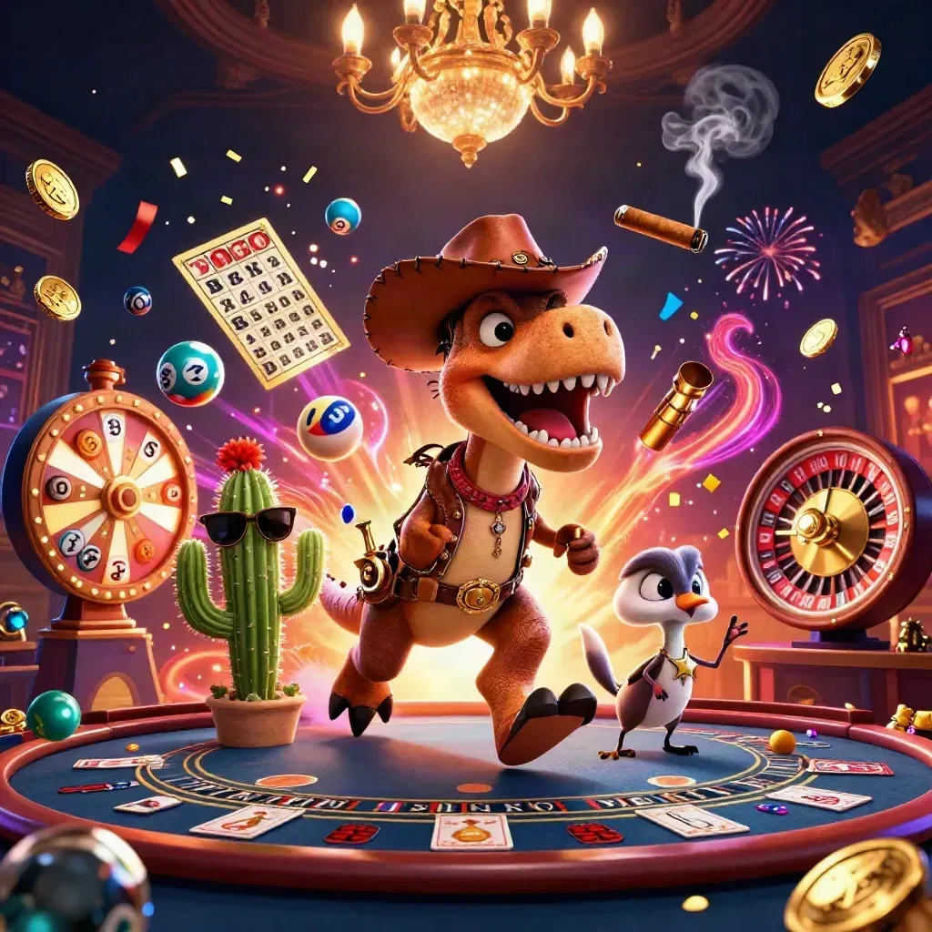 Cowboy T-Rex trio in a glowing casino room with balls, wheel, cards, and confetti