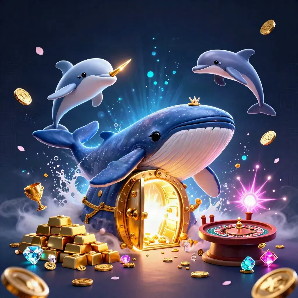Cartoon whale captain, narwhal, and dolphins in a glowing gold casino vault scene.