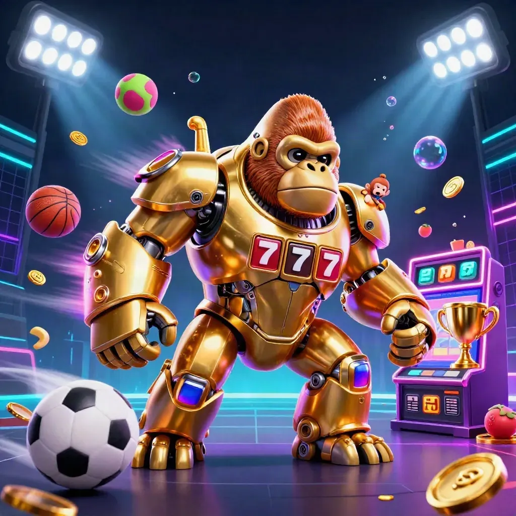 Golden gorilla mech and tiny pilot, with sports balls, treasure, and neon casino effects.