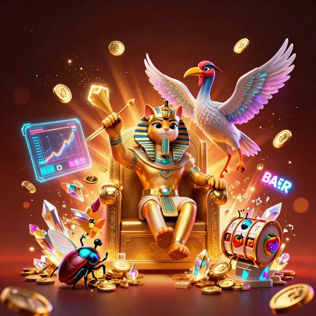 Pharaoh cat, ibis scribe, and gem-winged scarabs amid neon coins and casino magic.