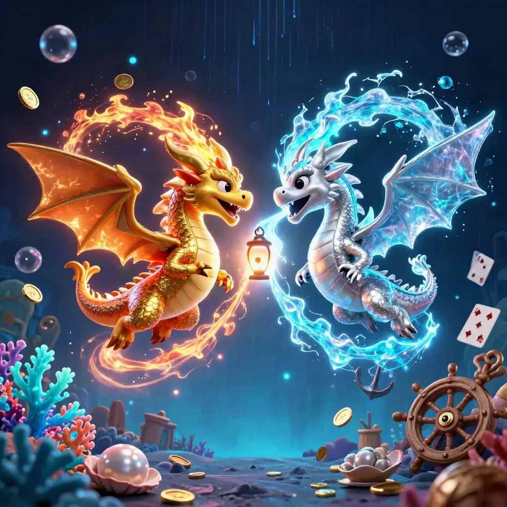 Twin gold and silver dragons spiral above a cyan-lit treasure cove with coins, coral, and a lantern spirit.