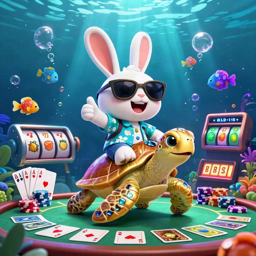 Lucky rabbit rides a golden sea turtle through glowing chips, cards, and underwater casino sparks