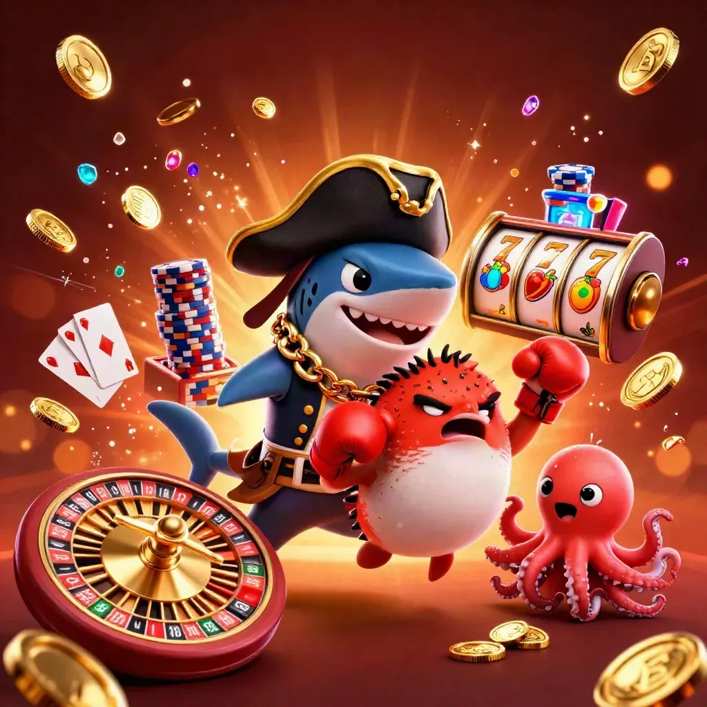 Pirate shark, boxing pufferfish, and coin-juggling octopus amid casino loot and glowing reels.