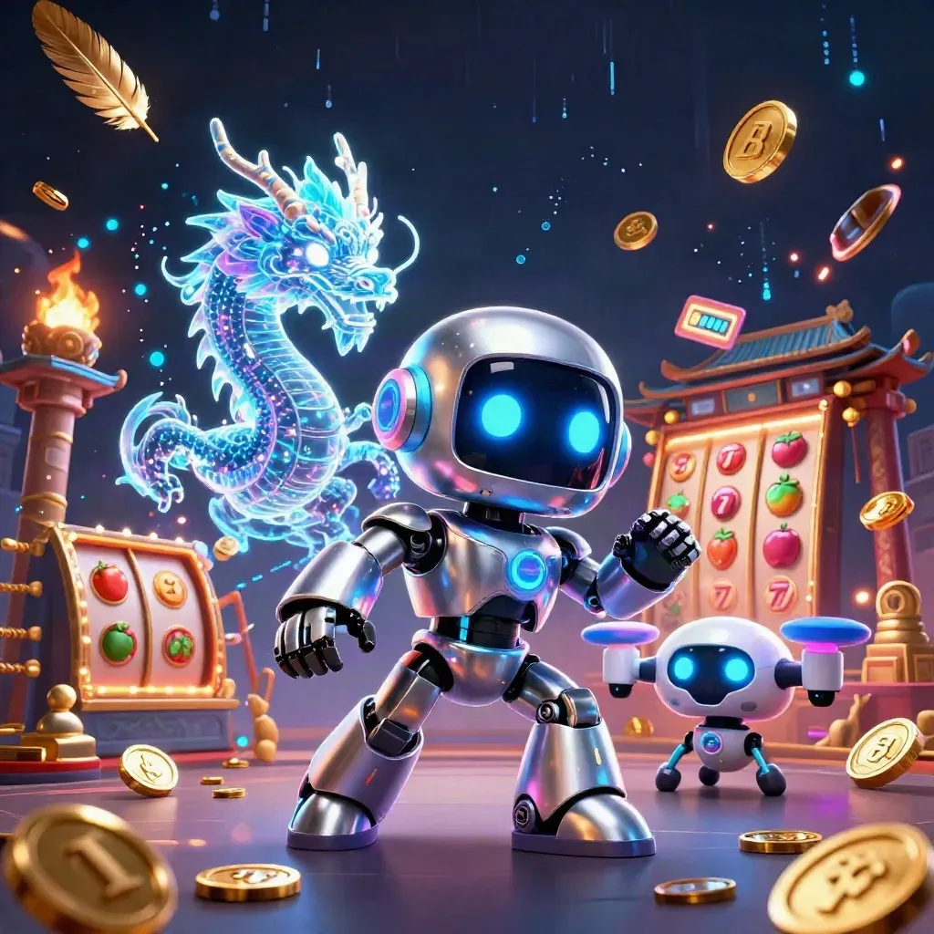 Chrome robot, holographic dragon, and coin drone burst through a neon temple ring with gold sparks.