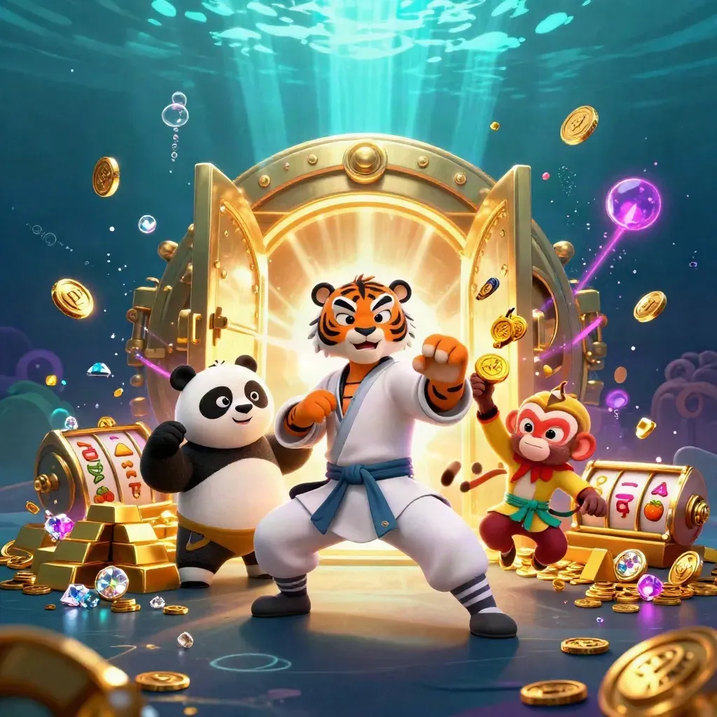 Tiger master, panda disciple, and monkey thief burst from a gold vault amid coins, gems, and neon glow.