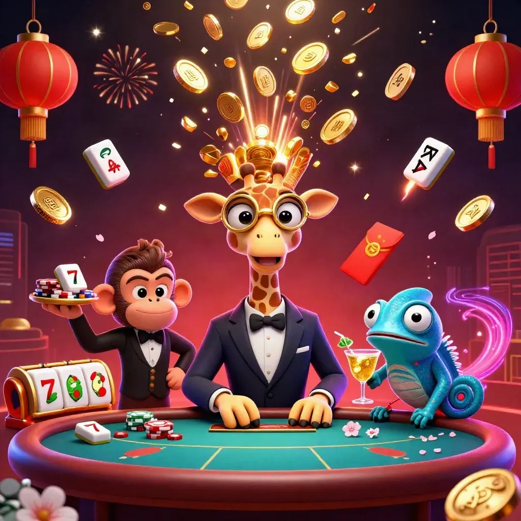 Giraffe, monkey valet, and chameleon bartender amid coins, fireworks, lanterns, and neon casino energy.