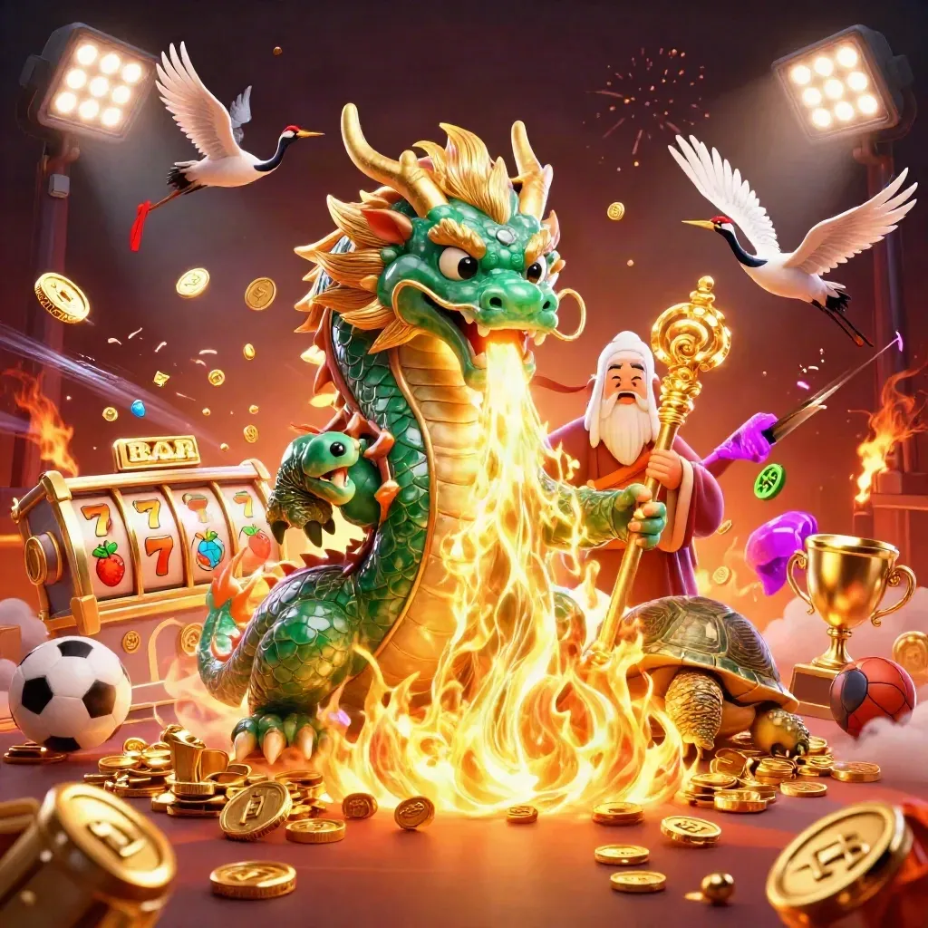 Jade dragon, turtle sage, and cranes amid coins, reels, fireworks, and casino glow.