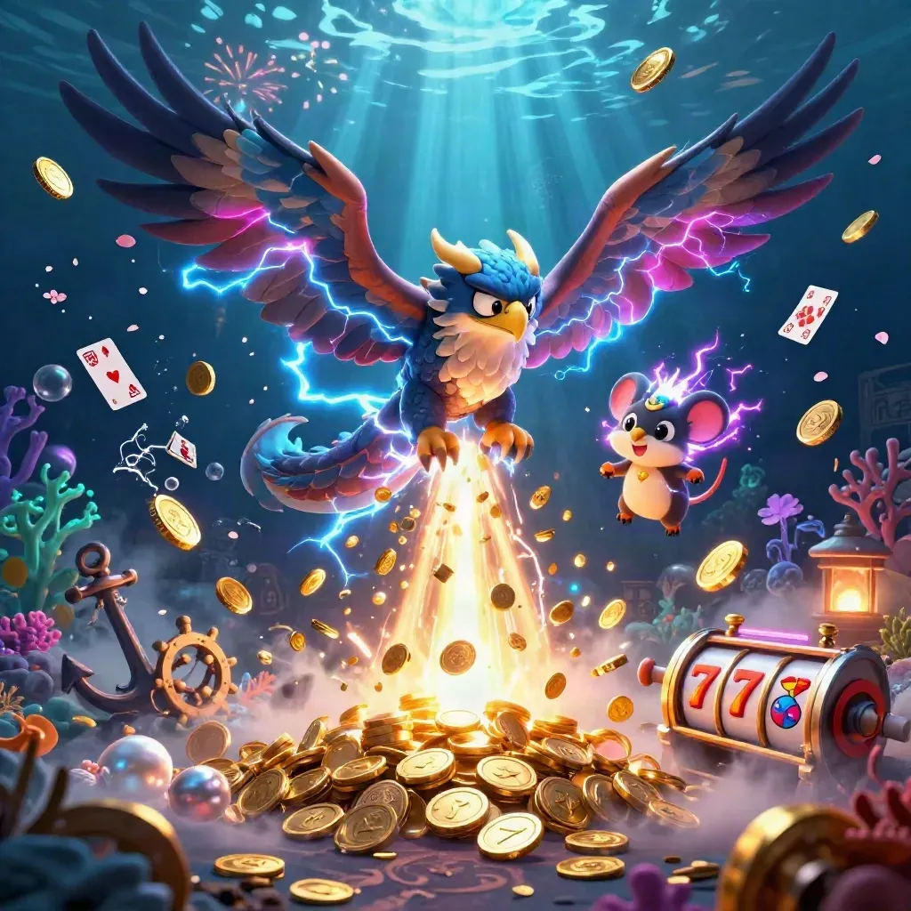 Thunder dragon, wind hawk, and static mouse amid a gold coin underwater jackpot burst.