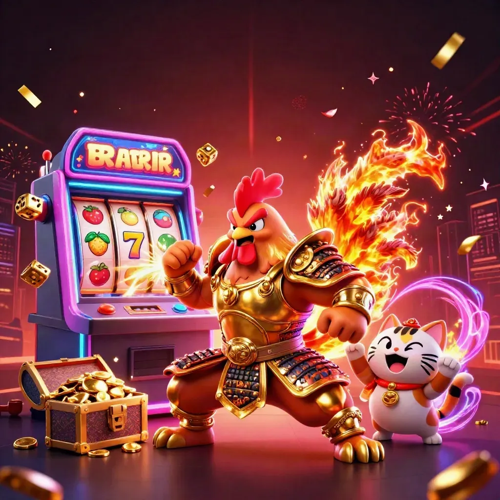 Rooster warrior, dragon hatchling and fortune cat amid exploding slot reels and jackpot glow.