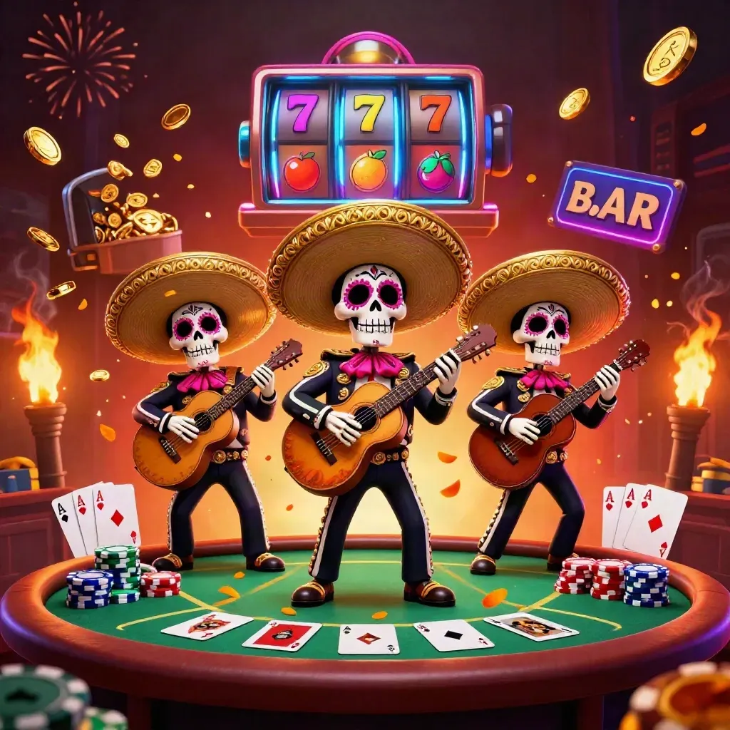 Skeleton mariachi trio amid coins, chips, reels, and fireworks in a neon casino burst.