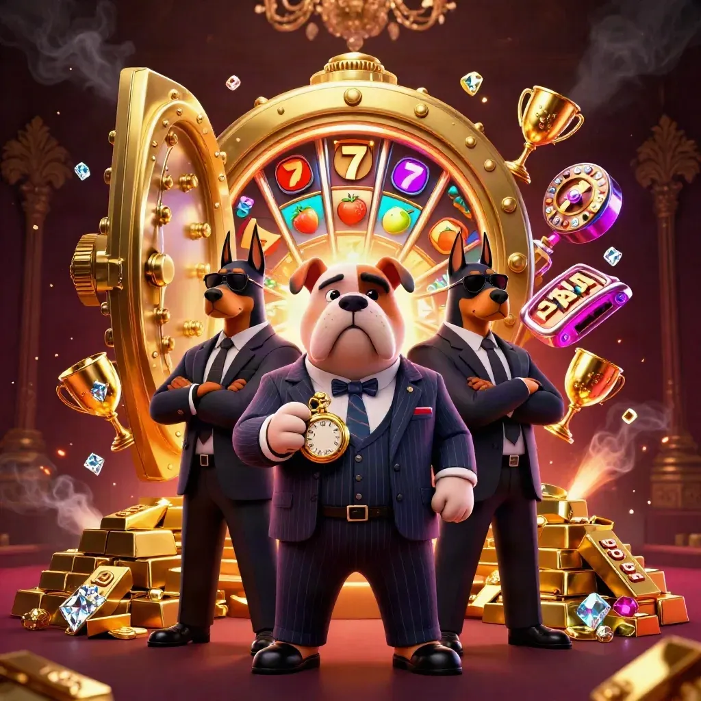 Mafia bulldog with Doberman bodyguards before a bursting gold vault in neon casino glow
