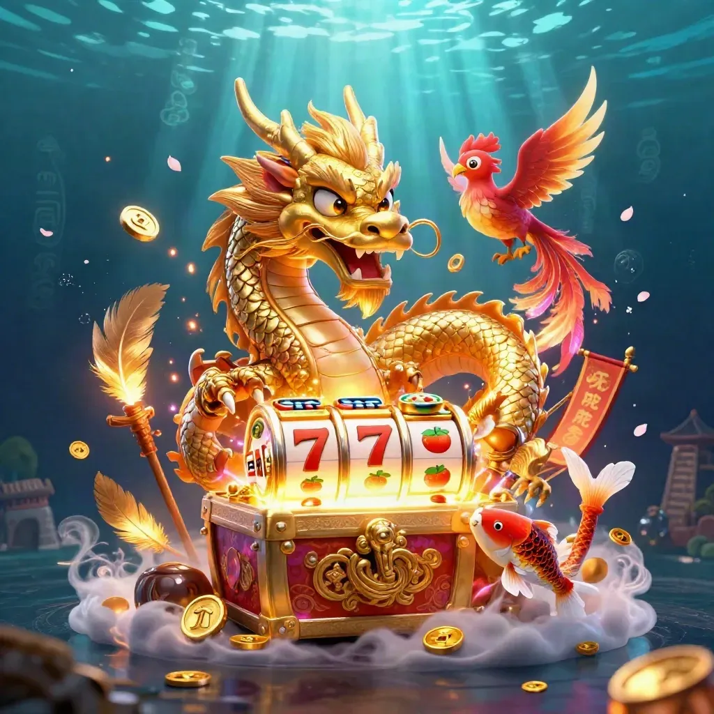 Golden dragon with phoenix and koi amid slot reels, treasure chest, and neon casino glow