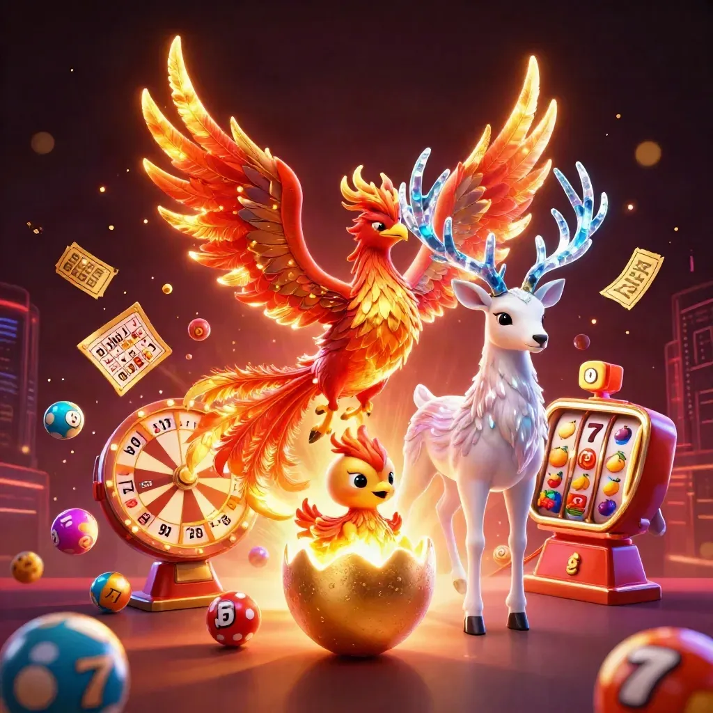 Fire phoenix, baby phoenix, and crystalline stag amid casino symbols on a dark neon backdrop.