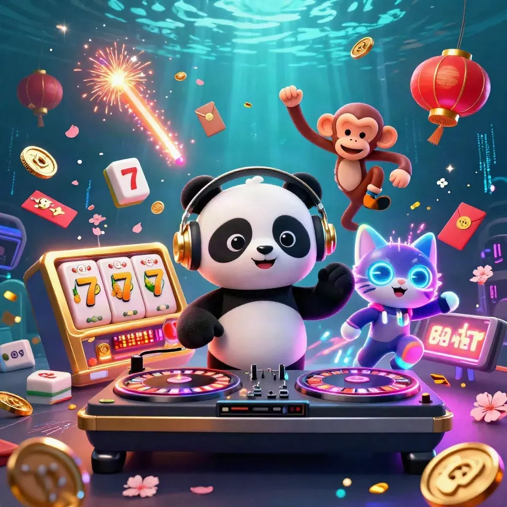 DJ panda, breakdancing monkey, and glow-stick kitten amid casino reels and neon coins