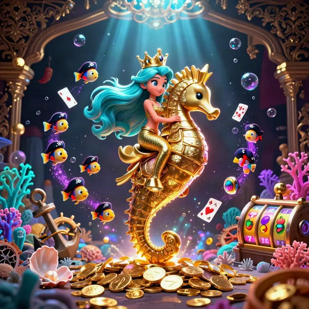 Mermaid princess on armored seahorse with pirate fish, coin shower, reels, and glowing underwater treasure.